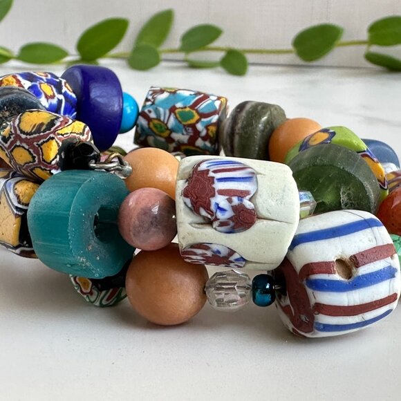 Venetian Millefiori Beads, African Trade Beads, Gemstone Memory Wire Bracelet - Picture 6 of 12